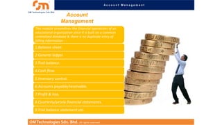 Account Management

Account
Management
This module streamlines the financial operations of an
educational organization since it is built on a common
centralized database & there is no duplicate entry of
billing information : -

1.Balance sheet.
2.General ledger.
3.Trail balance.
4.Cash flow.
5.Inventory control.
6.Accounts payable/receivable.
7.Profit & loss.
8.Quarterly/yearly financial statements.

9.Trial balance statement etc.
OM Technologies Sdn. Bhd. All rights reserved.

 