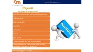 Payroll Management

Payroll
The salary calculation & payment of
management:

teaching/non-teaching staff can be done by this
system.
Salary split up
Salary deduction
Overtime
Allowances
Bonus
Loss of pay
Tax calculations etc. can be maintained.
Salary certificates, salary slip & other related
statements can also be produced.
OM Technologies Sdn. Bhd. All rights reserved.

 