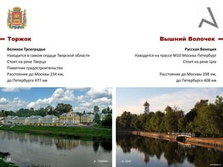 Вышний Волочек

Торжок
Великое Троеградье
Находится в самом сердце Тверской области
Стоит на реке Тверца
Памятник градостроительства
Расстояние до Москвы 234 км,
до Петербурга 477 км

Русская Венеция
Находится на трассе М10 Москва-Петербург
Стоит на реке Цна
Расстояние до Москвы 398 км,
до Петербурга 408 км

.

12

р. Тверца

р. Цна

 