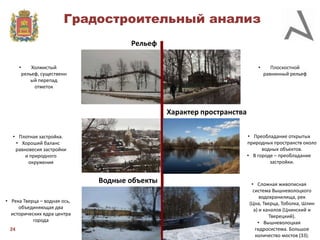 Градостроительный анализ
Рельеф
•

•

Холмистый
рельеф, существенн
ый перепад
отметок

Плоскостной
равнинный рельеф

Характер пространства
• Преобладание открытых
природных пространств около
водных объектов.
• В городе – преобладание
застройки.

• Плотная застройка.
• Хороший баланс
равновесия застройки
и природного
окружения

Водные объекты
• Река Тверца – водная ось,
объединяющая два
исторических ядра центра
города
24

• Сложная живописная
система Вышневолоцкого
водохранилища, рек
(Цна, Тверца, Тоболка, Шлин
а) и каналов (Цнинский и
Тверецкий).
• Вышневолоцкая
гидросистема. Большое
количество мостов (33).

 