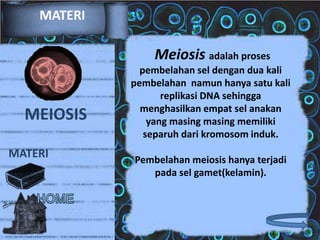 MATERI

Meiosis adalah proses

MEIOSIS
MATERI

pembelahan sel dengan dua kali
pembelahan namun hanya satu kali
replikasi DNA sehingga
menghasilkan empat sel anakan
yang masing masing memiliki
separuh dari kromosom induk.
Pembelahan meiosis hanya terjadi
pada sel gamet(kelamin).

 