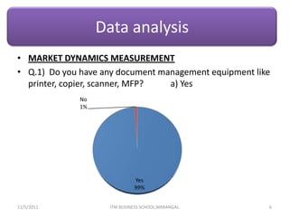 Data analysis
• MARKET DYNAMICS MEASUREMENT
• Q.1) Do you have any document management equipment like
  printer, copier, scanner, MFP?  a) Yes
              No
              1%




                              Yes
                              99%


11/5/2011            ITM BUSINESS SCHOOL,WARANGAL       6
 