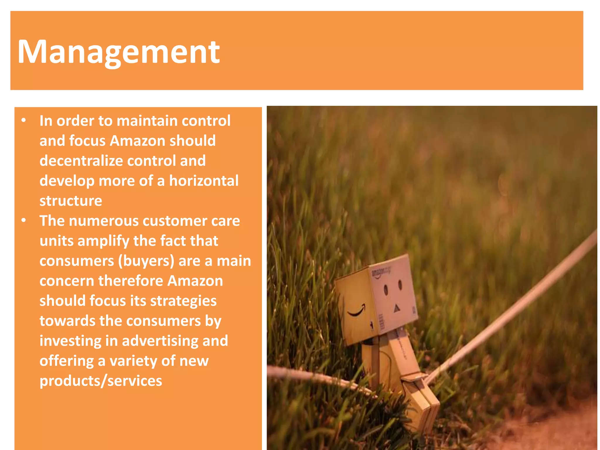 Management
• In order to maintain control
  and focus Amazon should
  decentralize control and
  develop more of a horizontal
  structure
• The numerous customer care
  units amplify the fact that
  consumers (buyers) are a main
  concern therefore Amazon
  should focus its strategies
  towards the consumers by
  investing in advertising and
  offering a variety of new
  products/services
 