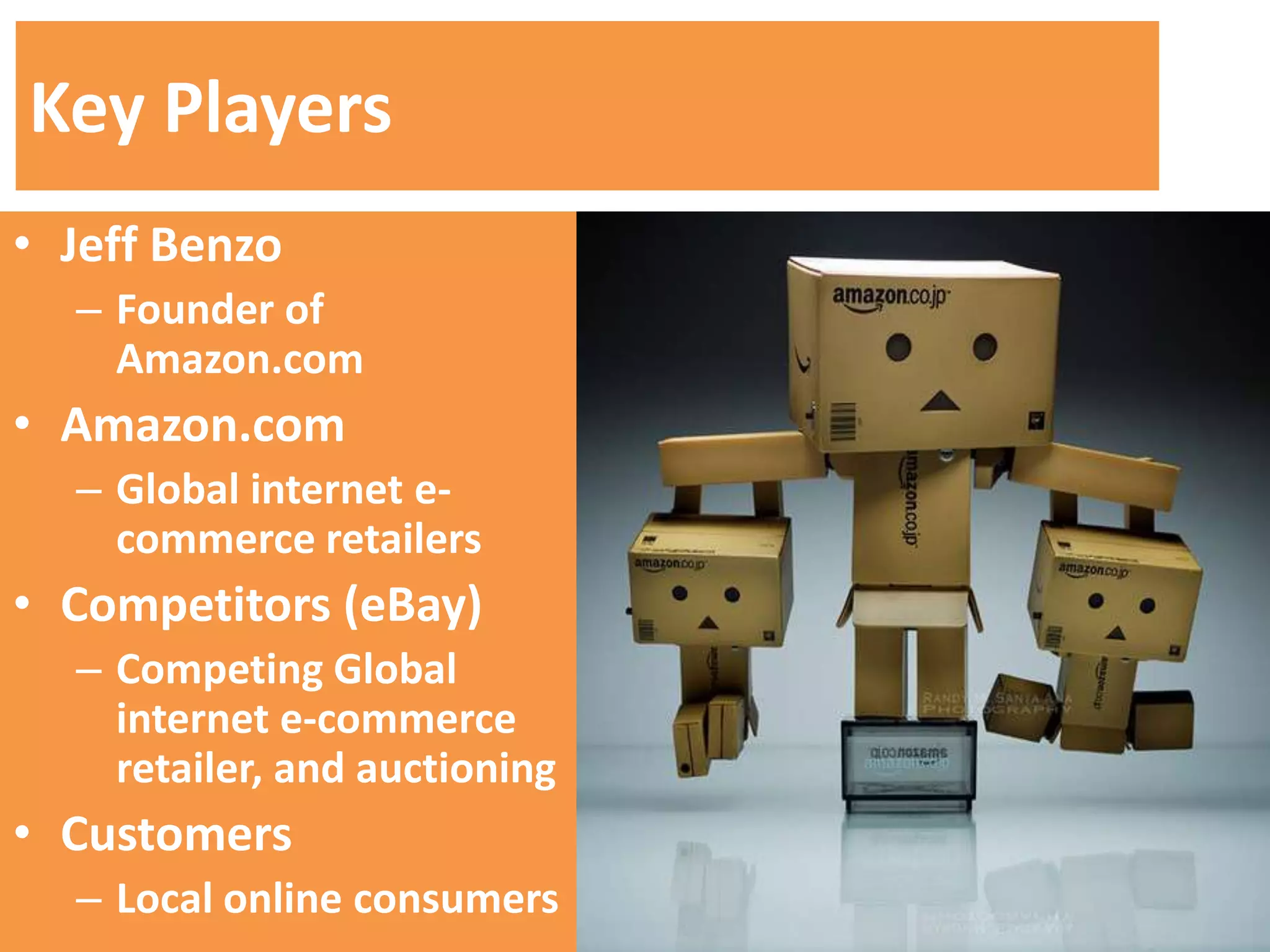 Key Players
• Jeff Benzo
  – Founder of
    Amazon.com
• Amazon.com
  – Global internet e-
    commerce retailers
• Competitors (eBay)
  – Competing Global
    internet e-commerce
    retailer, and auctioning
• Customers
  – Local online consumers
 