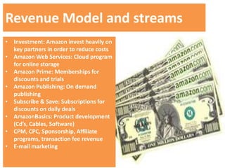 Revenue Model and streams
• Investment: Amazon invest heavily on
  key partners in order to reduce costs
• Amazon Web Services: Cloud program
  for online storage
• Amazon Prime: Memberships for
  discounts and trials
• Amazon Publishing: On demand
  publishing
• Subscribe & Save: Subscriptions for
  discounts on daily deals
• AmazonBasics: Product development
  (Cd’s, Cables, Software)
• CPM, CPC, Sponsorship, Affiliate
  programs, transaction fee revenue
• E-mail marketing
 