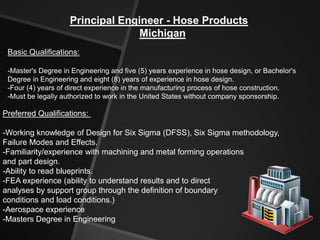 Principal Engineer - Hose Products
                                  Michigan
 Basic Qualifications:

 -Master's Degree in Engineering and five (5) years experience in hose design, or Bachelor's
 Degree in Engineering and eight (8) years of experience in hose design.
 -Four (4) years of direct experience in the manufacturing process of hose construction.
 -Must be legally authorized to work in the United States without company sponsorship.

Preferred Qualifications:

-Working knowledge of Design for Six Sigma (DFSS), Six Sigma methodology,
Failure Modes and Effects.
-Familiarity/experience with machining and metal forming operations
and part design.
-Ability to read blueprints.
-FEA experience (ability to understand results and to direct
analyses by support group through the definition of boundary
conditions and load conditions.)
-Aerospace experience
-Masters Degree in Engineering
 