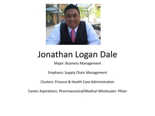 Jonathan Logan Dale
                Major: Business Management

            Emphasis: Supply Chain Management

       Clusters: Finance & Health Care Administration

Career Aspirations: Pharmaceutical/Medical Wholesaler- Pfizer
 