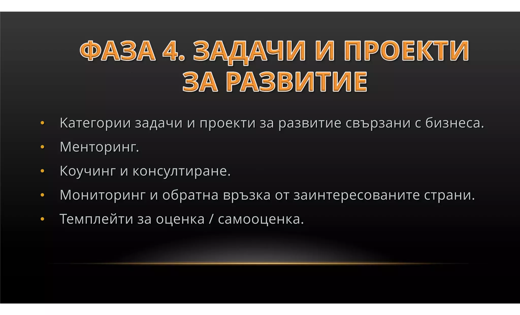 •   Kатегории задачи и проекти за развитие свързани с бизнеса.
•   Менторинг.
•   Коучинг и консултиране.
•   Мониторинг и обратна връзка от заинтересованите страни.
•   Темплейти за оценка / самооценка.
 