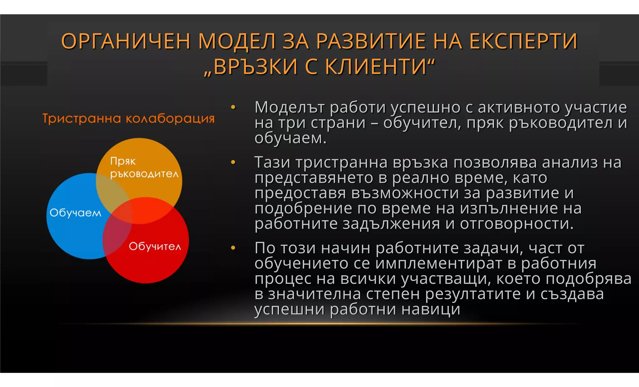 ОРГАНИЧЕН МОДЕЛ ЗА РАЗВИТИЕ НА ЕКСПЕРТИ
          „ВРЪЗКИ С КЛИЕНТИ“
            •   Mоделът работи успешно с активното участие
                на три страни – обучител, пряк ръководител и
                обучаем.
            •   Тази тристранна връзка позволява анализ на
                представянето в реално време, като
                предоставя възможности за развитие и
                подобрение по време на изпълнение на
                работните задължения и отговорности.
            •   По този начин работните задачи, част от
                обучението се имплементират в работния
                процес на всички участващи, което подобрява
                в значителна степен резултатите и създава
                успешни работни навици
 