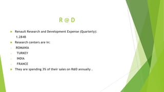 R@D


Renault Research and Development Expense (Quarterly):
1.284B



Research centers are in:

o

ROMANIA

o

TURKEY

o

INDIA

o

FRANCE



They are spending 3% of their sales on R@D annually .

 