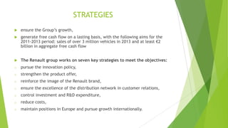 STRATEGIES


ensure the Group’s growth,



generate free cash flow on a lasting basis, with the following aims for the
2011-2013 period: sales of over 3 million vehicles in 2013 and at least €2
billion in aggregate free cash flow



The Renault group works on seven key strategies to meet the objectives:

o

pursue the innovation policy,

o

strengthen the product offer,

o

reinforce the image of the Renault brand,

o

ensure the excellence of the distribution network in customer relations,

o

control investment and R&D expenditure,

o

reduce costs,

o

maintain positions in Europe and pursue growth internationally.

 