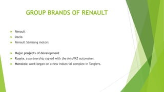 GROUP BRANDS OF RENAULT


Renault



Dacia



Renault Samsung motors



Major projects of development



Russia: a partnership signed with the AvtoVAZ automaker,



Morocco: work began on a new industrial complex in Tangiers.

 