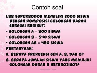 Contoh soal
LBB Superbodoh memiliki 2000 siswa
dengan komposisi golongan darah
sebagai berikut:
- golongan A = 800 siswa
- golongan B = 540 siswa
- golongan AB = 480 siswa
Pertanyaan:
a. Berapa frekuensi gen A, B, dan O?
b. Berapa jumlah siswa yang memiliki
golongan darah B heterozigot?
SMAN 1 DUMAI | XII IPA 2

 