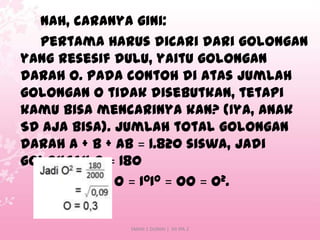 Nah, caranya gini:
pertama harus dicari dari golongan
yang resesif dulu, yaitu golongan
darah O. Pada contoh di atas jumlah
golongan O tidak disebutkan, tetapi
kamu bisa mencarinya kan? (Iya, anak
SD aja bisa). Jumlah total golongan
darah A + B + AB = 1.820 siswa, jadi
golongan O = 180
Golongan O = IOIO = OO = O2.

SMAN 1 DUMAI | XII IPA 2

 