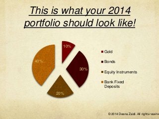 This is what your 2014
portfolio should look like!
10%
Gold
40%

Bonds
30%

Equity Instruments
Bank Fixed
Deposits

20%

© 2014 Deena Zaidi. All rights reserve

 
