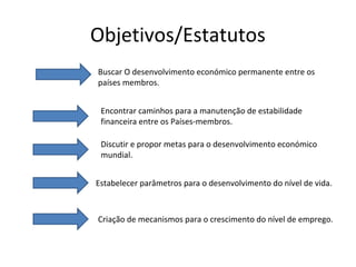 Objetivos/Estatutos
Buscar O desenvolvimento económico permanente entre os
países membros.
Encontrar caminhos para a manutenção de estabilidade
financeira entre os Países-membros.
Discutir e propor metas para o desenvolvimento económico
mundial.
Estabelecer parâmetros para o desenvolvimento do nível de vida.

Criação de mecanismos para o crescimento do nível de emprego.

 