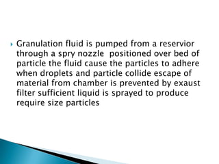 

Granulation fluid is pumped from a reservior
through a spry nozzle positioned over bed of
particle the fluid cause the particles to adhere
when droplets and particle collide escape of
material from chamber is prevented by exaust
filter sufficient liquid is sprayed to produce
require size particles

 