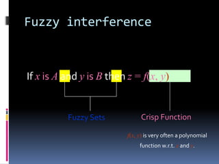 Fuzzy interference

If x is A and y is B then z = f(x, y)

Fuzzy Sets

Crisp Function
f(x, y) is very often a polynomial
function w.r.t. x and y.

 