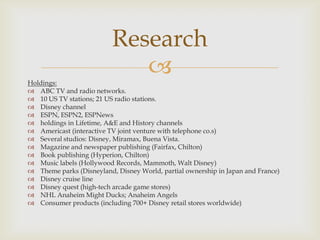 Research

Holdings:
 ABC TV and radio networks.
 10 US TV stations; 21 US radio stations.
 Disney channel
 ESPN, ESPN2, ESPNews
 holdings in Lifetime, A&E and History channels
 Americast (interactive TV joint venture with telephone co.s)
 Several studios: Disney, Miramax, Buena Vista.
 Magazine and newspaper publishing (Fairfax, Chilton)
 Book publishing (Hyperion, Chilton)
 Music labels (Hollywood Records, Mammoth, Walt Disney)
 Theme parks (Disneyland, Disney World, partial ownership in Japan and France)
 Disney cruise line
 Disney quest (high-tech arcade game stores)
 NHL Anaheim Might Ducks; Anaheim Angels
 Consumer products (including 700+ Disney retail stores worldwide)

 