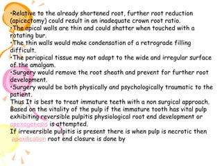 •Relative to the already shortened root, further root reduction
(apicectomy) could result in an inadequate crown root ratio.
•The apical walls are thin and could shatter when touched with a
rotating bur.
•The thin walls would make condensation of a retrograde filling
difficult.
•The periapical tissue may not adapt to the wide and irregular surface
of the amalgam.
•Surgery would remove the root sheath and prevent for further root
development.
•Surgery would be both physically and psychologically traumatic to the
patient.
Thus It is best to treat immature teeth with a non surgical approach.
Based on the vitality of the pulp if the immature tooth has vital pulp
exhibiting reversible pulpitis physiological root end development or
apexogenesis is attempted.
If irreversible pulpitis is present there is when pulp is necrotic then
apexification root end closure is done by

 