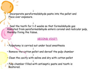 ↓
• Incorporate paraformaldehyde paste into the pellet and
Place over exposure.
↓
• Seal the tooth for 1-2 weeks so that formaldehyde gas
liberated from paraformaldehyde enters coronal and radicular pulp,
thereby fixing the tissue.
SECOND VISIT:
• Pulpotomy is carried out under local anesthesia
↓
• Remove the cotton pellet and deroof the pulp chamber
↓
• Clean the cavity with saline and dry with cotton pellet
↓
• Pulp chamber filled with antiseptic paste and tooth is
Restored.

 