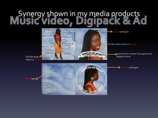 Synergy shown in my media products
Braids used again

Put the artists name in a banner

Put the song
title in a banner

Used the font ‘knitwits’ throughout the
digipack and ad

Clouds used again

White text

 