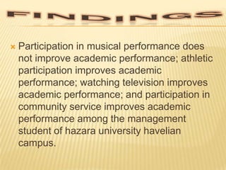 

Participation in musical performance does
not improve academic performance; athletic
participation improves academic
performance; watching television improves
academic performance; and participation in
community service improves academic
performance among the management
student of hazara university havelian
campus.

 