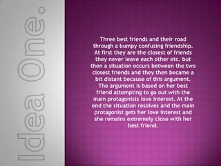 Three best friends and their road
through a bumpy confusing friendship.
At first they are the closest of friends
they never leave each other etc. but
then a situation occurs between the two
closest friends and they then became a
bit distant because of this argument.
The argument is based on her best
friend attempting to go out with the
main protagonists love interest. At the
end the situation resolves and the main
protagonist gets her love interest and
she remains extremely close with her
best friend.

 