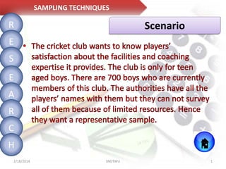 SAMPLING TECHNIQUES

R

Scenario

E
S
E
A
R

C
H
2/18/2014

SNDTWU

1

 