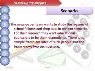 SAMPLING TECHNIQUES

R

Scenario

E
S
E
A
R

C
H
2/18/2014

SNDTWU

1

 