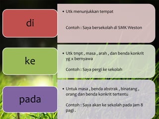 • Utk menunjukkan tempat

di

ke

Contoh : Saya bersekolah di SMK Weston

• Utk tmpt , masa , arah , dan benda konkrit
yg x bernyawa
Contoh : Saya pergi ke sekolah

pada

• Untuk masa , benda abstrak , binatang ,
orang dan benda konkrit tertentu
Contoh : Saya akan ke sekolah pada jam 8
pagi .

 