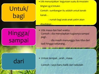 •Utk menunjukkan kegunaan suatu & mnytakn

Untuk/
bagi

bhgian yg d tntukn
Contoh : sumbangan itu adalah untuk kanakkanak .
: rumah bagi anak-anak yatim akan
disediakan .

Hingga/
sampai
dari

• Utk masa dan had waktu
Contoh : dia menyiapkan tugasnya sampai
pagi .
: dia masih menunggu bas tiba dari
tadi hingga sekarang .

• Untuk tempat , arah , masa
Contoh : saya baru balik dari sekolah

 