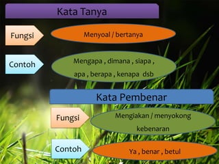 Kata Tanya
Fungsi

Menyoal / bertanya

Contoh

Mengapa , dimana , siapa ,
apa , berapa , kenapa dsb

Kata Pembenar
Fungsi

Mengiakan / menyokong
kebenaran

Contoh

Ya , benar , betul

 