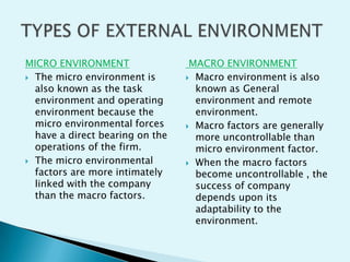 MICRO ENVIRONMENT
 The micro environment is
also known as the task
environment and operating
environment because the
micro environmental forces
have a direct bearing on the
operations of the firm.
 The micro environmental
factors are more intimately
linked with the company
than the macro factors.

MACRO ENVIRONMENT
 Macro environment is also
known as General
environment and remote
environment.
 Macro factors are generally
more uncontrollable than
micro environment factor.
 When the macro factors
become uncontrollable , the
success of company
depends upon its
adaptability to the
environment.

 