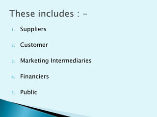 1.

Suppliers

2.

Customer

3.

Marketing Intermediaries

4.

Financiers

5.

Public

 