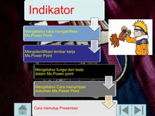 Indikator
Mengetahui cara mengaktifkan
Ms.Power Point

Mengidentifikasi lembar kerja
Ms.Power Point

Mengetahui fungsi dari tools
dalam Ms.Power point

Mengetahui Cara menyimpan
dokumen Ms.Power Point

Cara menutup Presentasi

 