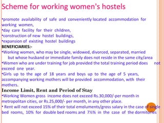 Scheme for working women's hostels
•promote availability of safe and conveniently located accommodation for
working women,
•day care facility for their children,
•construction of new hostel buildings,
•expansion of existing hostel buildings
BENEFICIARIES:•Working women, who may be single, widowed, divorced, separated, married
but whose husband or immediate family does not reside in the same city/area
•Women who are under training for job provided the total training period does not
exceed one year.
•Girls up to the age of 18 years and boys up to the age of 5 years,
accompanying working mothers will be provided accommodation, with their
mothers.
Income Limit, Rent and Period of Stay
•Working Women gross income does not exceed Rs.30,000/-per month in
metropolitan cities, or Rs.25,000/- per month, in any other place.
• Rent will not exceed 15% of their total emoluments/gross salary in the case of single
bed rooms, 10% for double bed rooms and 7½% in the case of the dormitories

 