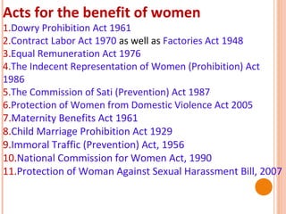 Acts for the benefit of women

1.Dowry Prohibition Act 1961
2.Contract Labor Act 1970 as well as Factories Act 1948
3.Equal Remuneration Act 1976
4.The Indecent Representation of Women (Prohibition) Act
1986
5.The Commission of Sati (Prevention) Act 1987
6.Protection of Women from Domestic Violence Act 2005
7.Maternity Benefits Act 1961
8.Child Marriage Prohibition Act 1929
9.Immoral Traffic (Prevention) Act, 1956
10.National Commission for Women Act, 1990
11.Protection of Woman Against Sexual Harassment Bill, 2007

 