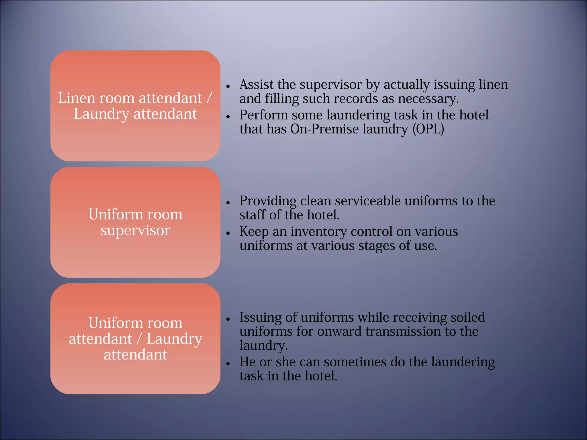 • Assist the supervisor by actually issuing linen
Linen room attendant /
and filling such records as necessary.
Laundry attendant
• Perform some laundering task in the hotel
that has On-Premise laundry (OPL)

Uniform room
supervisor

Uniform room
attendant / Laundry
attendant

• Providing clean serviceable uniforms to the
staff of the hotel.
• Keep an inventory control on various
uniforms at various stages of use.

• Issuing of uniforms while receiving soiled
uniforms for onward transmission to the
laundry.
• He or she can sometimes do the laundering
task in the hotel.

 