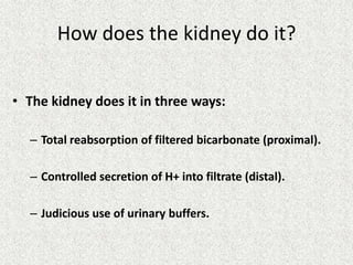 How does the kidney do it?
• The kidney does it in three ways:
– Total reabsorption of filtered bicarbonate (proximal).
– Controlled secretion of H+ into filtrate (distal).
– Judicious use of urinary buffers.

 