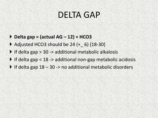 DELTA GAP






Delta gap = (actual AG – 12) + HCO3
Adjusted HCO3 should be 24 (+_ 6) {18-30}
If delta gap > 30 -> additional metabolic alkalosis
If delta gap < 18 -> additional non-gap metabolic acidosis
If delta gap 18 – 30 -> no additional metabolic disorders

 