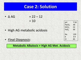 Case 2: Solution
• Δ AG

= 22 – 12
= 10

• High AG metabolic acidosis
• Final Diagnosis:

pH
PaCO2
HCO3
PaO2

7.50
48
32
90

Na
K
Cl

139
3.9
85

Metabolic Alkalosis + High AG Met. Acidosis

 