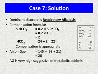 Case 7: Solution
• Dominant disorder is Respiratory Alkalosis
• Compensation formula:
pH
Δ HCO3
= 0.2 × Δ PaCO2
PaCO2
HCO3
= 0.2 × 10
PaO2
=2
HCO3
= 24 – 2 = 22
Na
K
Compensation is appropriate.
Cl
• Anion Gap
= 145 – (98 + 21)
= 26
AG is very high suggestive of metabolic acidosis.

7.52
30
21
62

145
2.9
98

 