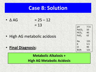 Case 8: Solution
• Δ AG

= 25 – 12
= 13

• High AG metabolic acidosis
• Final Diagnosis:
Metabolic Alkalosis +
High AG Metabolic Acidosis

pH
PaCO2
HCO3
PaO2

7.51
50
40
62

Na
K
Cl
BUN

155
5.5
90
121

 