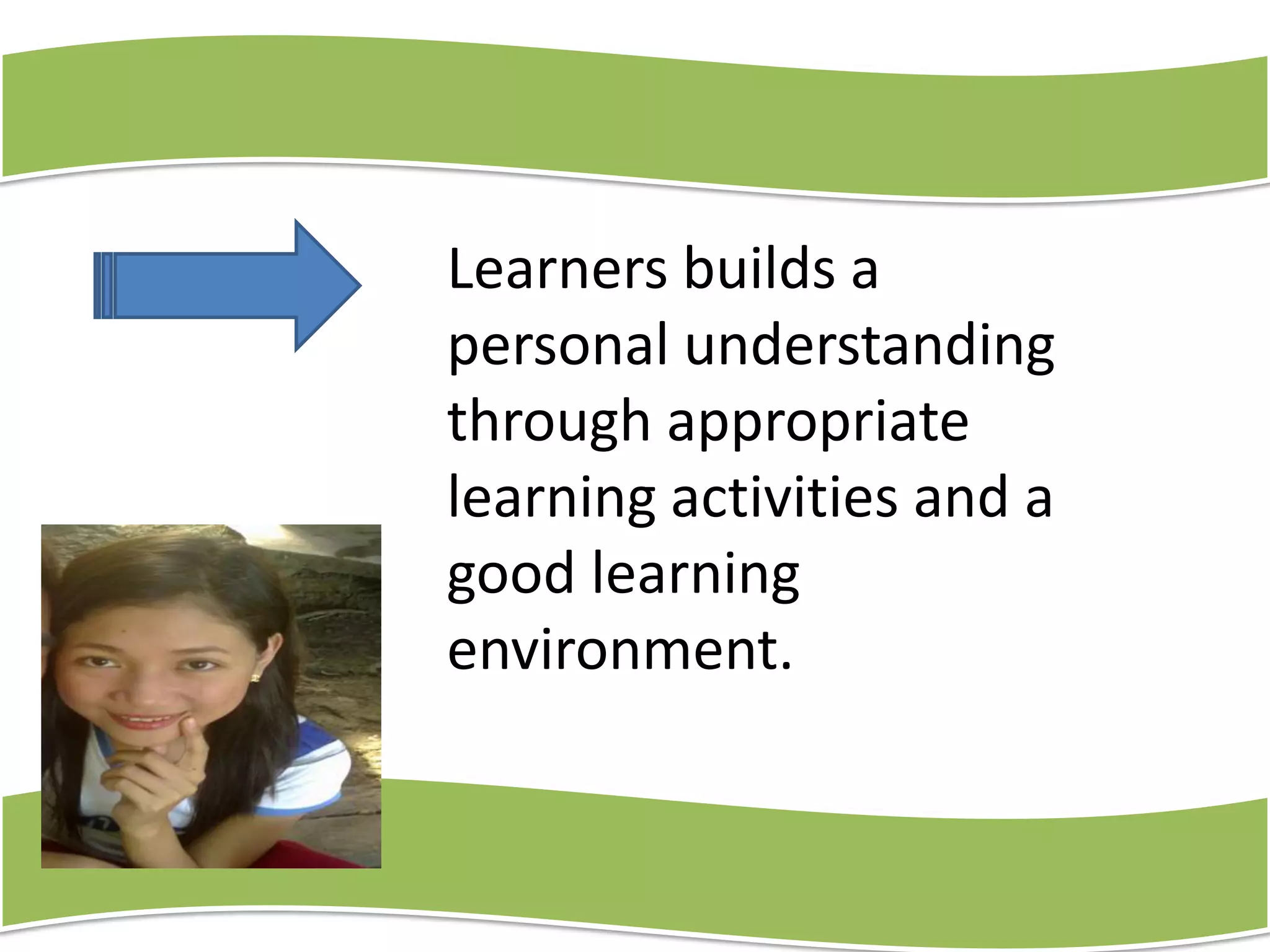 Learners builds a
personal understanding
through appropriate
learning activities and a
good learning
environment.

 