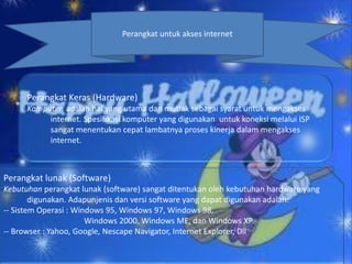 Perangkat untuk akses internet

Perangkat Keras (Hardware)
Komputer adalah hal yang utama dan mutlak sebagai syarat untuk mengakses
internet. Spesifikasi komputer yang digunakan untuk koneksi melalui ISP
sangat menentukan cepat lambatnya proses kinerja dalam mengakses
internet.

Perangkat lunak (Software)
Kebutuhan perangkat lunak (software) sangat ditentukan oleh kebutuhan hardware yang
digunakan. Adapunjenis dan versi software yang dapat digunakan adalah:
-- Sistem Operasi : Windows 95, Windows 97, Windows 98,
Windows 2000, Windows ME, dan Windows XP.
-- Browser : Yahoo, Google, Nescape Navigator, Internet Explorer, Dll

 