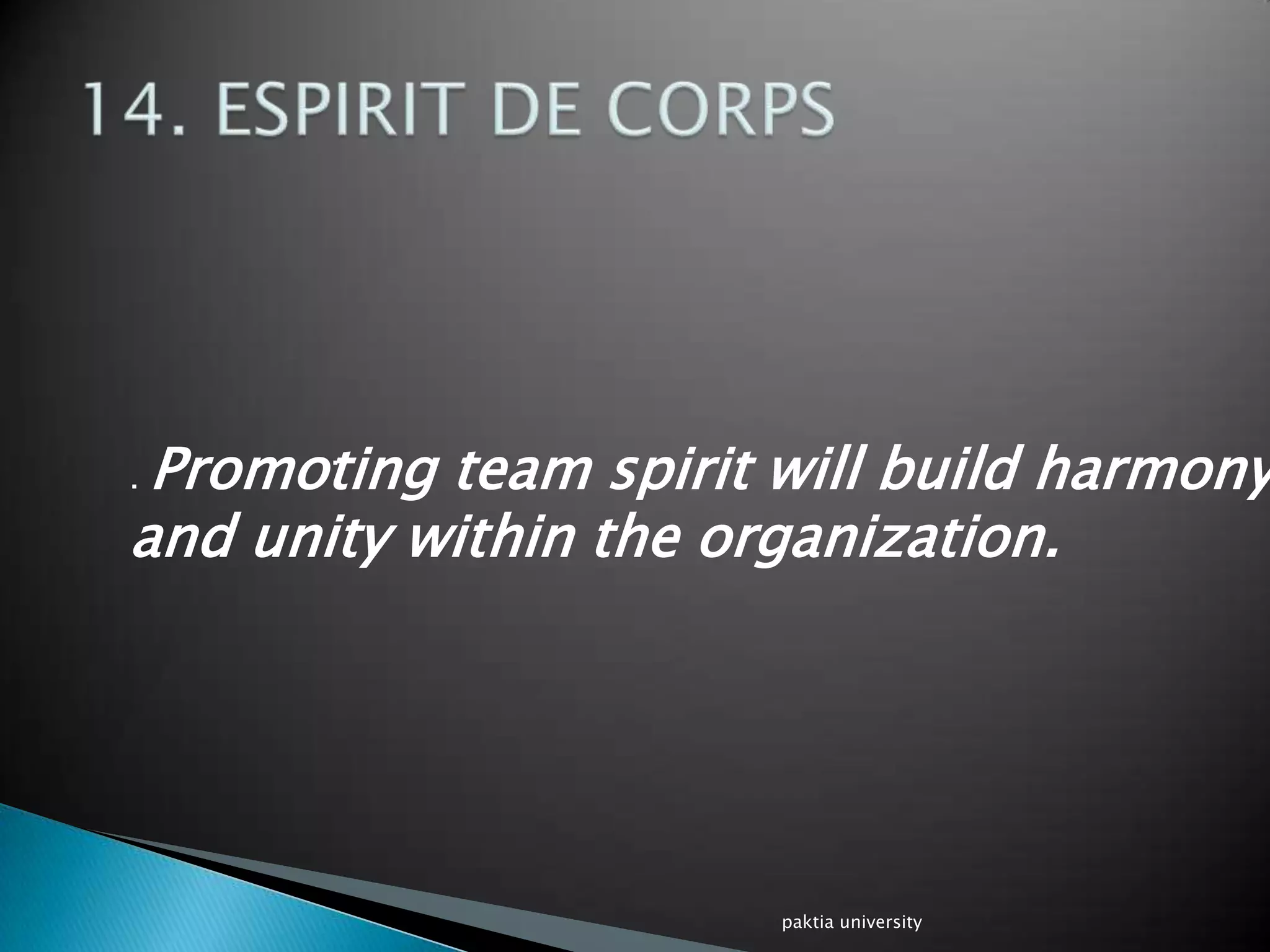 . Promoting team spirit will build harmony
and unity within the organization.
.
paktia university
 