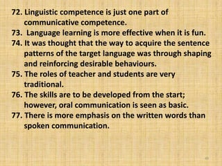 72. Linguistic competence is just one part of
communicative competence.
73. Language learning is more effective when it is fun.
74. It was thought that the way to acquire the sentence
patterns of the target language was through shaping
and reinforcing desirable behaviours.
75. The roles of teacher and students are very
traditional.
76. The skills are to be developed from the start;
however, oral communication is seen as basic.
77. There is more emphasis on the written words than
spoken communication.
49
 