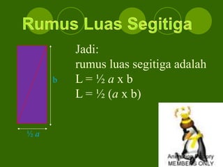 Jadi:
rumus luas segitiga adalah
L = ½ a x b
L = ½ (a x b)
½ a
b