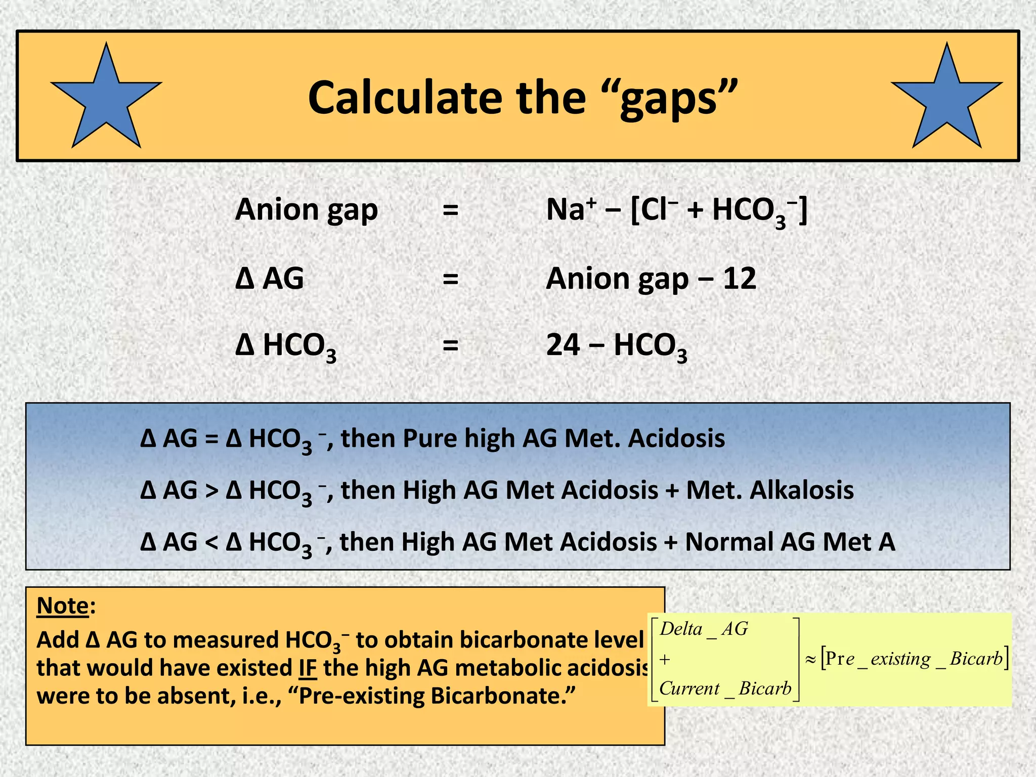 Calculate the “gaps”
Anion gap = Na+ − [Cl− + HCO3
−]
Δ AG = Anion gap − 12
Δ HCO3 = 24 − HCO3
Δ AG = Δ HCO3
−, then Pure high AG Met. Acidosis
Δ AG > Δ HCO3
−, then High AG Met Acidosis + Met. Alkalosis
Δ AG < Δ HCO3
−, then High AG Met Acidosis + Normal AG Met A
Note:
Add Δ AG to measured HCO3
− to obtain bicarbonate level
that would have existed IF the high AG metabolic acidosis
were to be absent, i.e., “Pre-existing Bicarbonate.”
 Bicarbexistinge
BicarbCurrent
AGDelta
__Pr
_
_












 